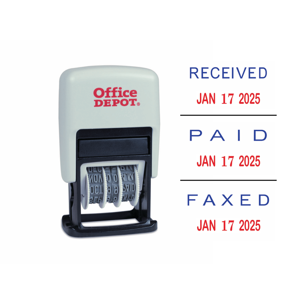 Office Depot Brand Date Message Stamp Dater Paid, Received, Faxed, Self-Inking 3-In-1  Micro Date Message Stamp Dater, 1-1/16in x 5/8in Impression, Red/Blue  Ink