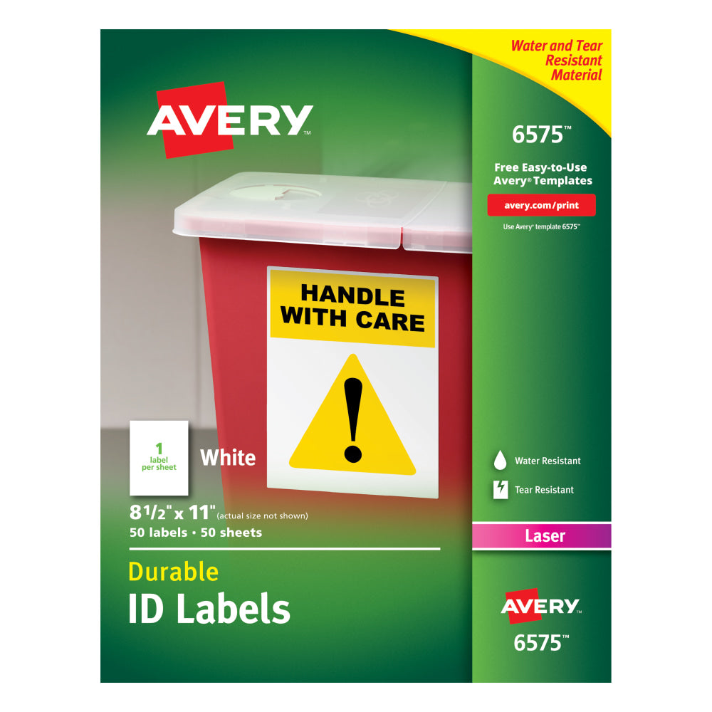 Avery Permanent Durable ID Labels With TrueBlock, 6575, 8 1/2in x 11in, White, Pack Of 50