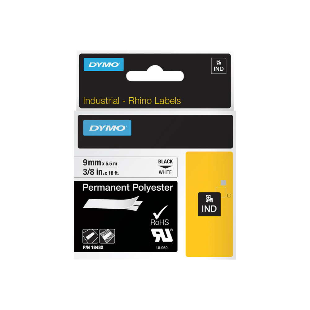 DYMO Rhino Permanent Poly Labels, DYM18482, Permanent Adhesive, 3/8inW x 18L, Direct Thermal, White, Polyester