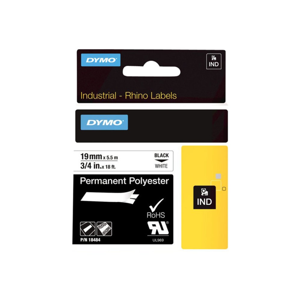 DYMO Rhino 18484 Polyester Industrial Black-On-White Label Tape, 0.75in x 18ft