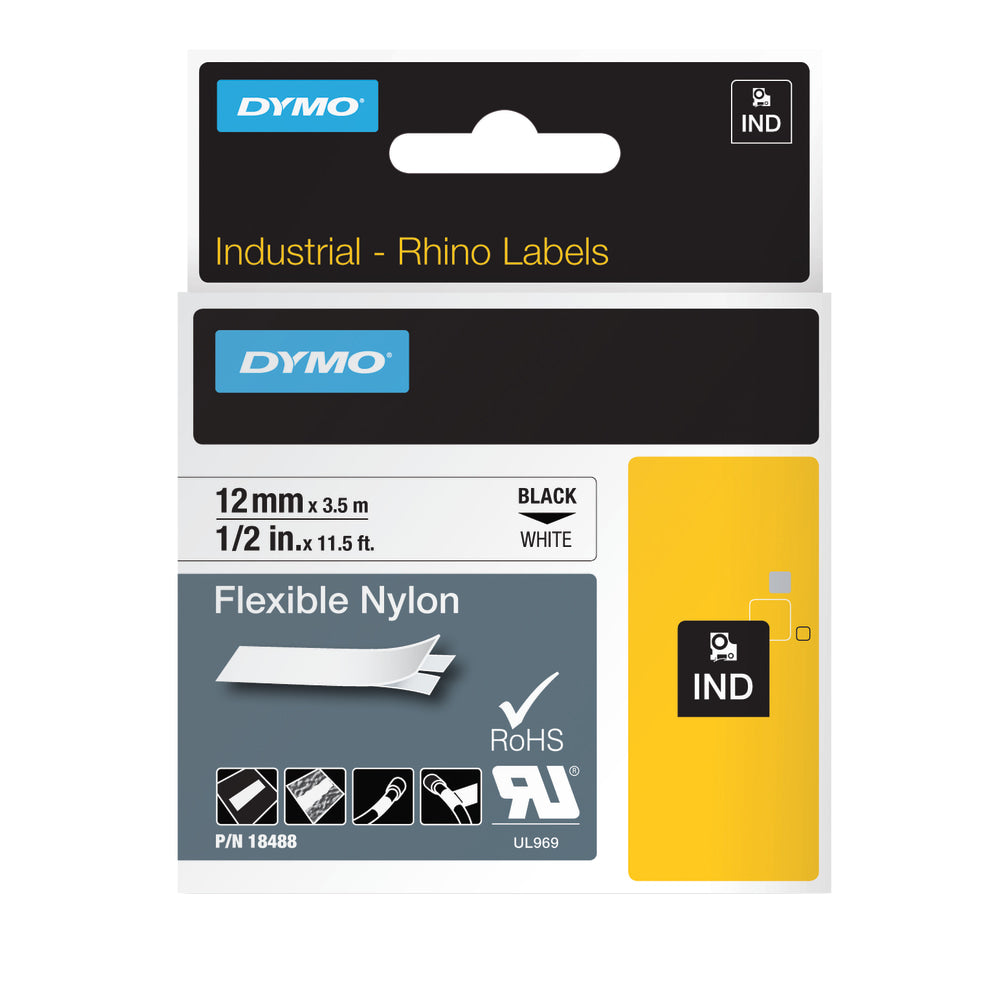 DYMO Rhino 18488 Black-On-White Tape, 0.5in x 11.5ft