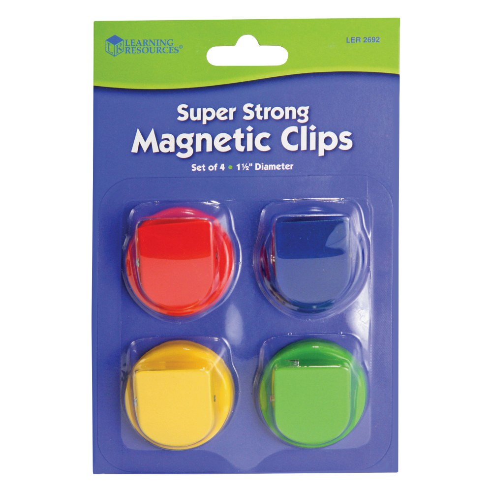 Learning Resources Super Strong Magnetic Clips Set - 1.5in Diameter - 50 Sheet Capacity - for Whiteboard, Folder - 4 / Pack - Assorted