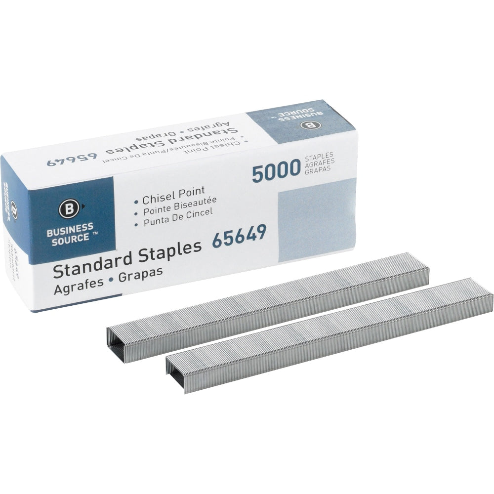 Business Source Standard Staples - 210 Per Strip - 1/4in Leg - 1/2in Crown - Holds 30 Sheet(s) - Chisel Point - Silver5000 / Box