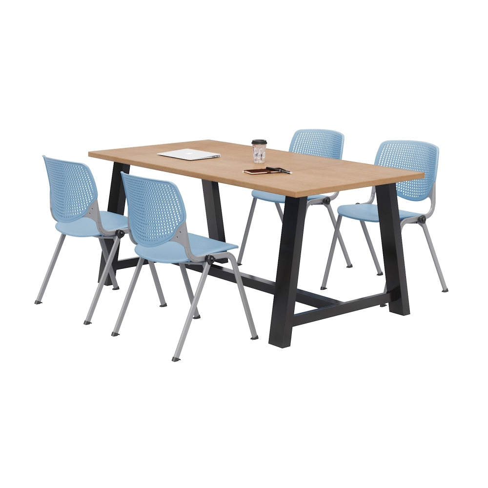 KFI Studios Midtown Table With 4 Stacking Chairs, Kensington Maple/Sky Blue