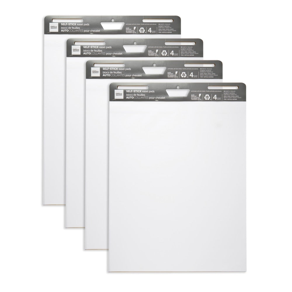 Office Depot Brand Self-Stick Easel Pads, 25in x 30in, 30 Sheets, 80% Recycled, White, Pack Of 4 Pads