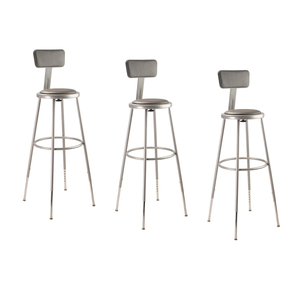 National Public Seating Adjustable Vinyl-Padded Stools With Backrest, 32in-39in, Gray seat/Grey Frame, Set of 3
