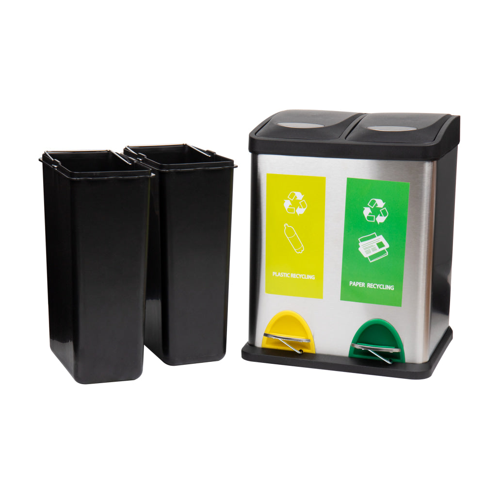Mind Reader 3-Section Stainless-Steel Recycling Bin, 6.5 Gallons, 15.50inH x 12.55inW x 11inD, Silver