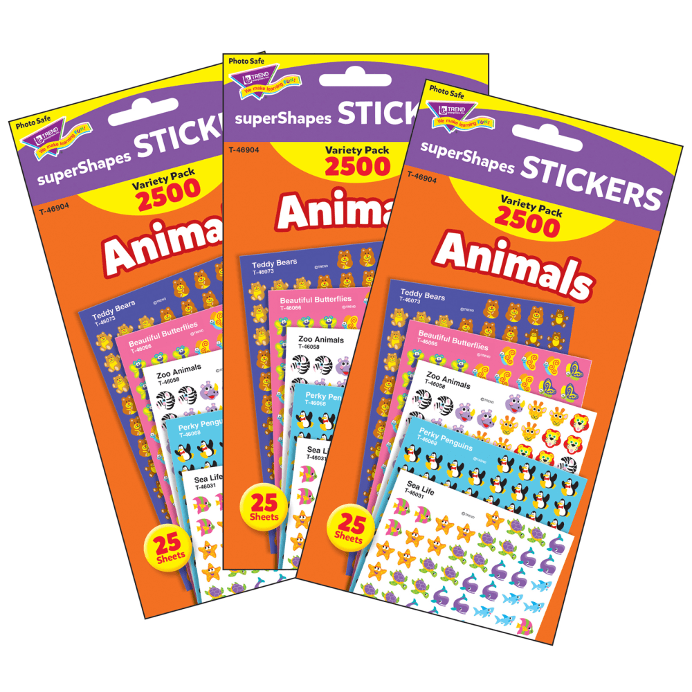 Trend superShapes Stickers, Animals Variety Pack, 2,500 Stickers Per Pack, Set Of 3 Packs