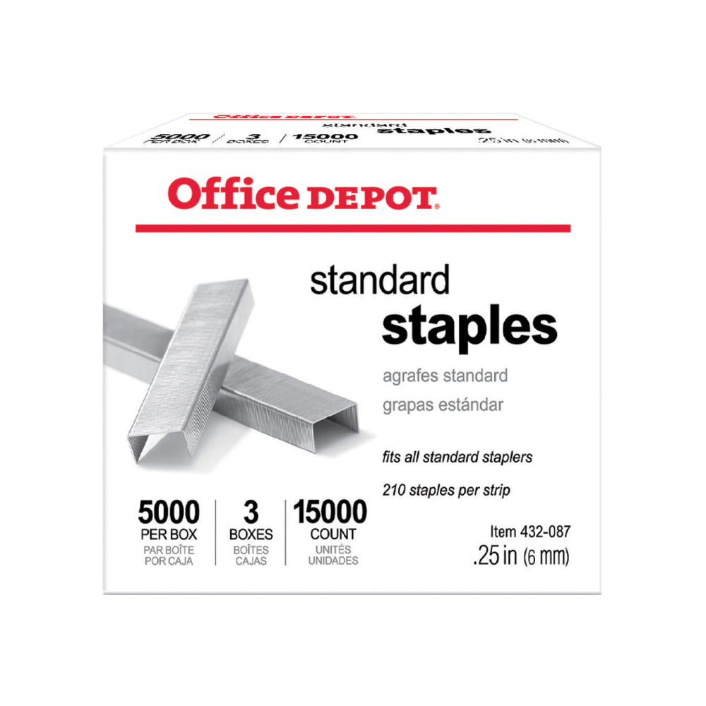 Office Depot Brand Standard Staples, 1/4in, 5,000 Staples Per Pack, Box Of 3 Packs