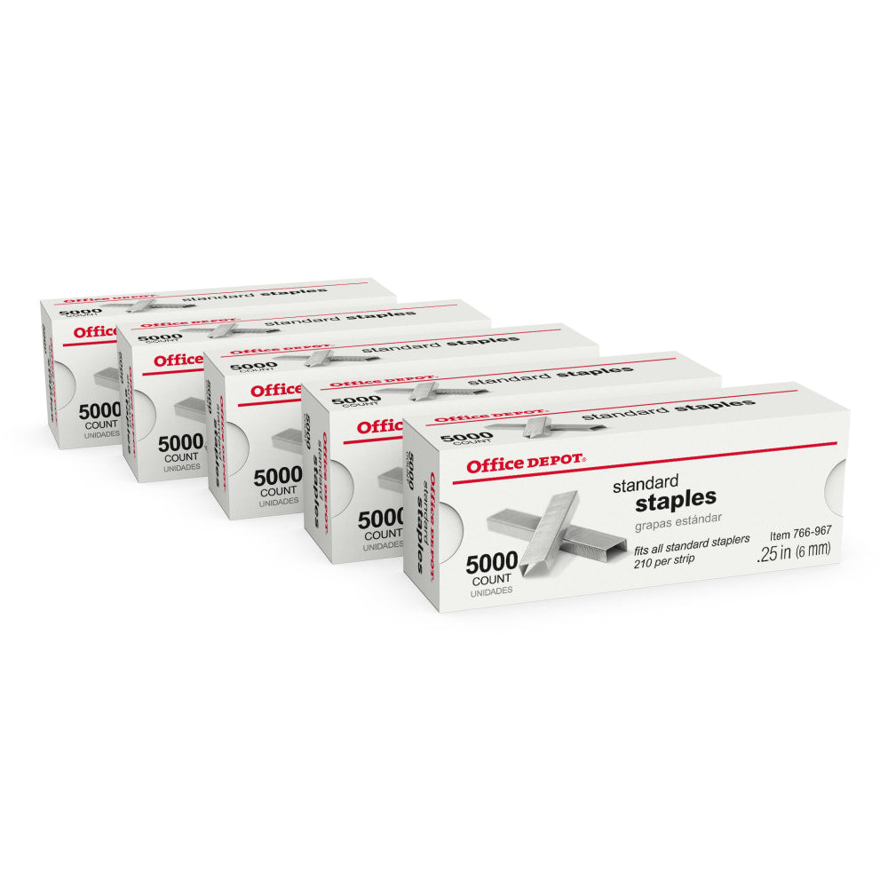 Office Depot Brand Standard Staples, 1/4in, 5,000 Staples Per Pack, Box Of 5 Packs