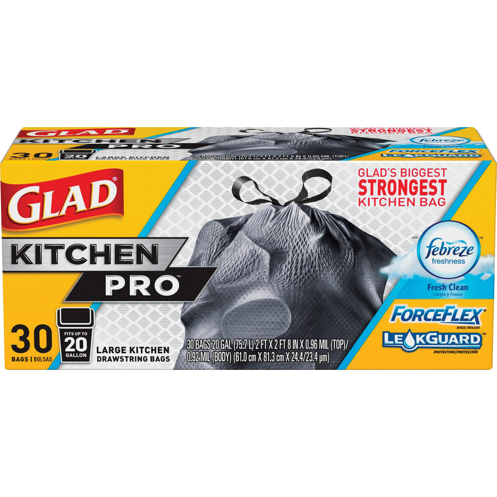 Glad ForceFlexPlus XL X-Large Kitchen Drawstring Trash Bags - Fresh Clean with Febreze Freshness - Large Size - 20 gal - 24.02in Width x 32.01in Length - Gray - 1Each - 30 Per Box - Garbage, Office, Kitchen