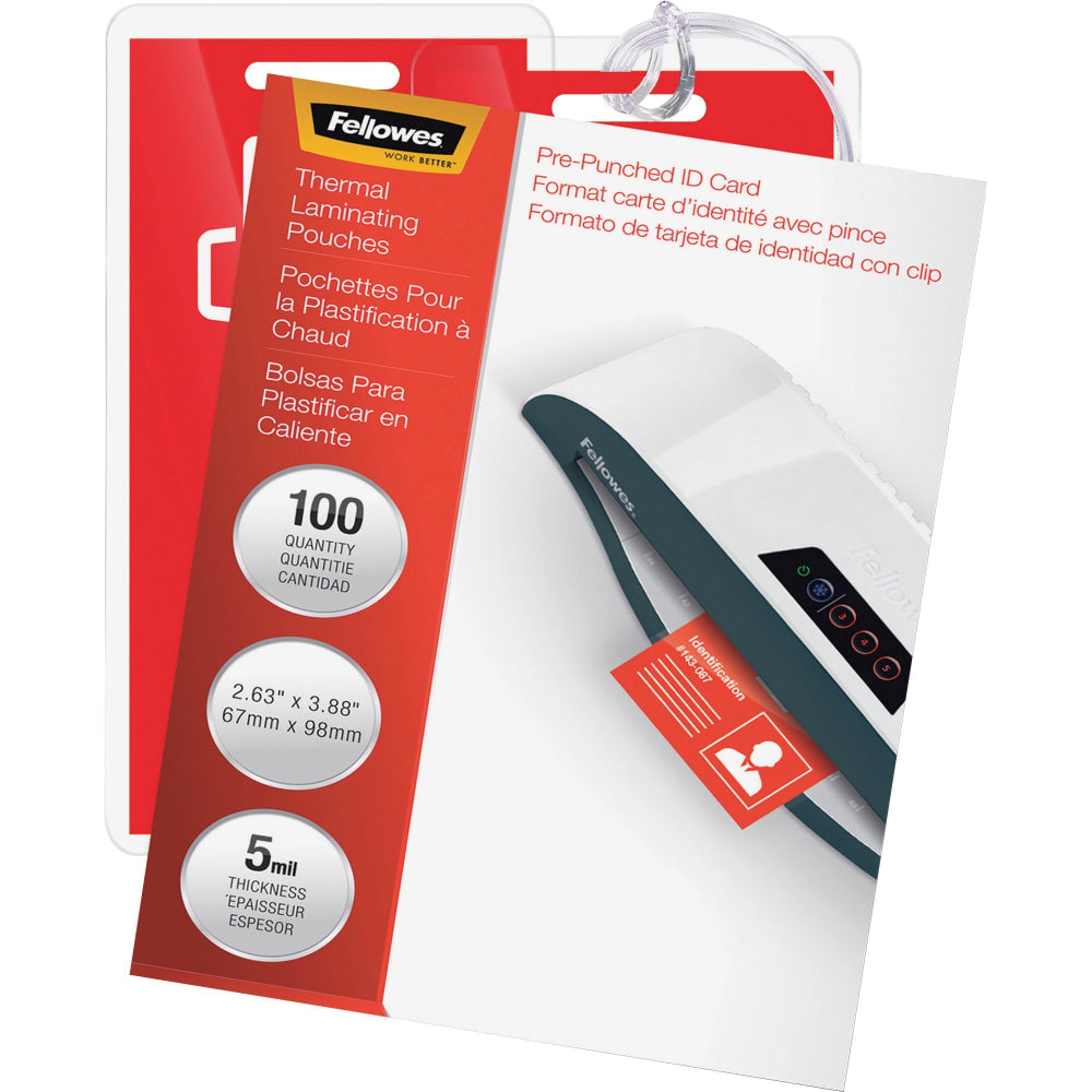 Fellowes Punched ID Card Glossy Thermal Laminating Pouches - Laminating Pouch/Sheet Size: 3.88in Width x 5 mil Thickness - Glossy - for Document, ID Badge, ID Card - Durable, Pre-punched - Clear - 100 / Pack