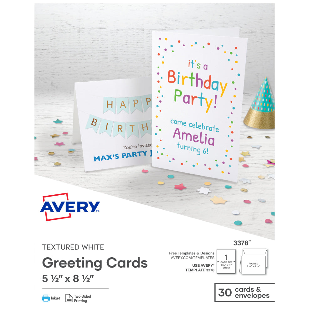 Avery Half-Fold Textured Printable Greeting Cards, 5.5in x 8.5in, White, 30 Blank Cards With Envelopes