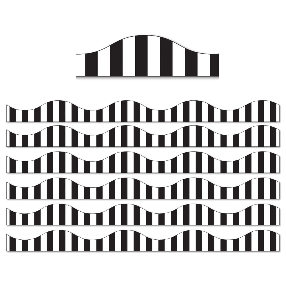 Ashley Productions Magnetic Scallop Border, Black Vertical Stripes On White, 12ft Per Pack, Set Of 6 Packs