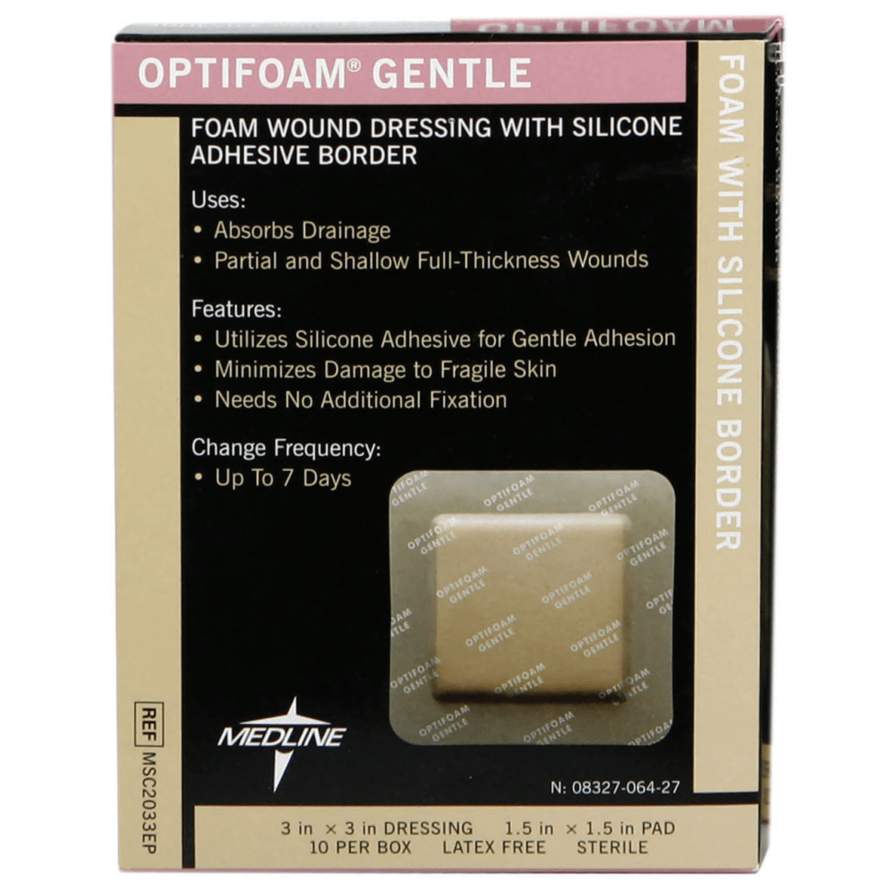 Optifoam Gentle Border Adhesive Dressings, 3in x 3in, Tan, Box Of 10