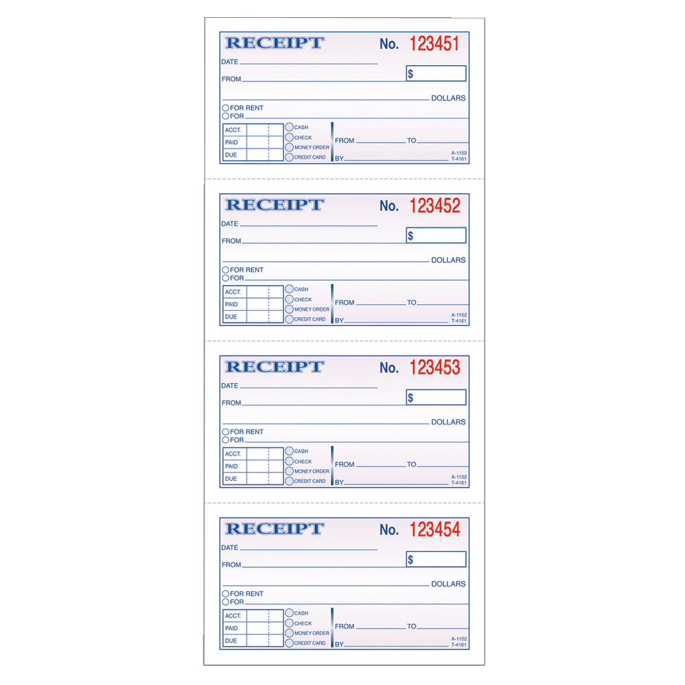 Adams Carbonless 2-Part Money/Rent Receipt Book, 5 1/4in x 11in, Book Of 200 Sets