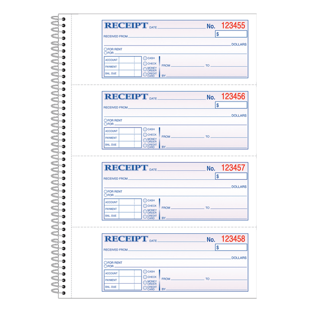 Adams Carbonless 2-Part Spiral Money/Rent Receipt Book, 7 5/8in x 11in, Book Of 200 Sets