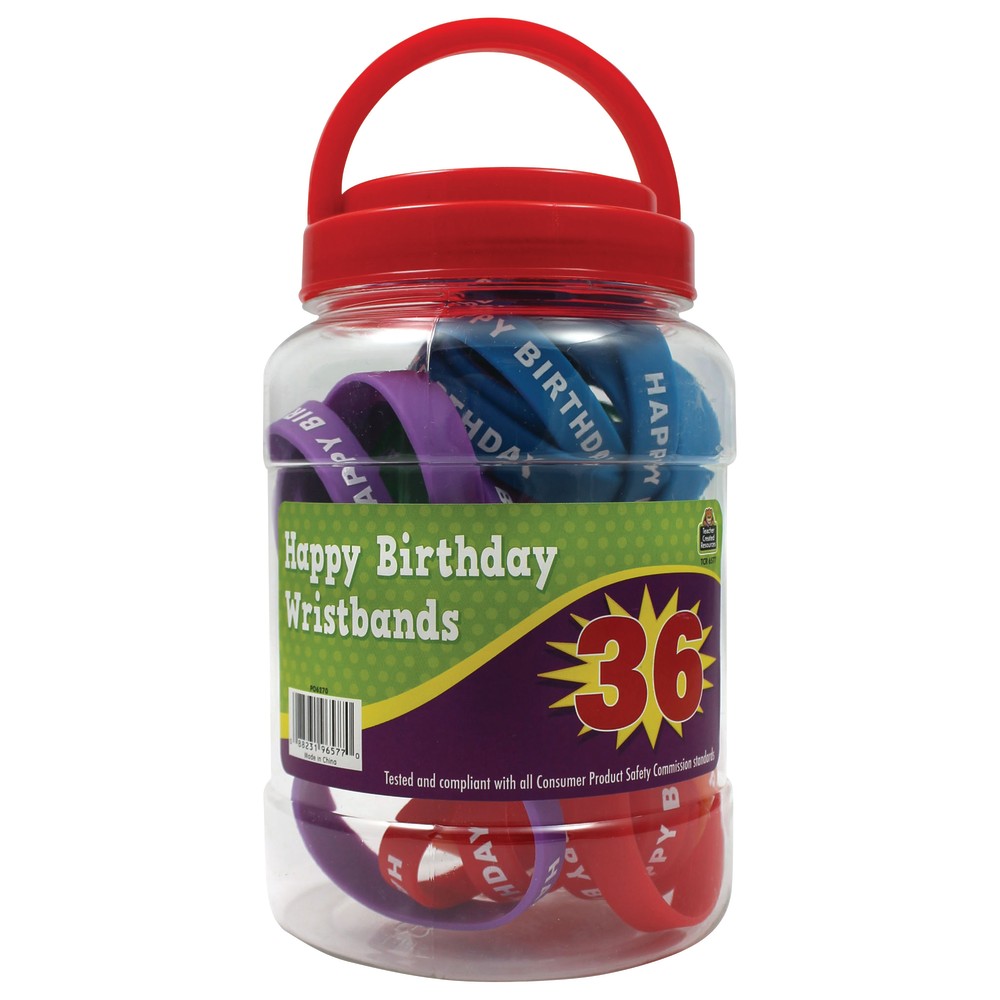 Teacher Created Resources Wristbands, Happy Birthday, 7 1/4in, Assorted Colors, Pre-K - Grade 12, Jar Of 36