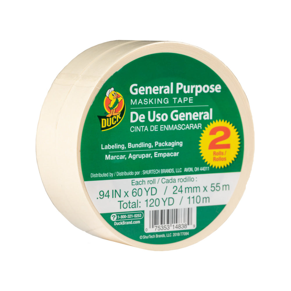 Duck Brand General Purpose Masking Tape Rolls, Removable, 1in x 60 Yd, Beige, Set Of 2 Rolls