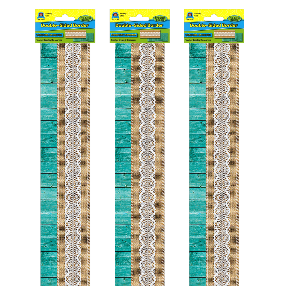 Teacher Created Resources Double-Sided Borders, 3in x 36in, Shabby Chic, 12 Strips Per Pack, Set Of 3 Packs