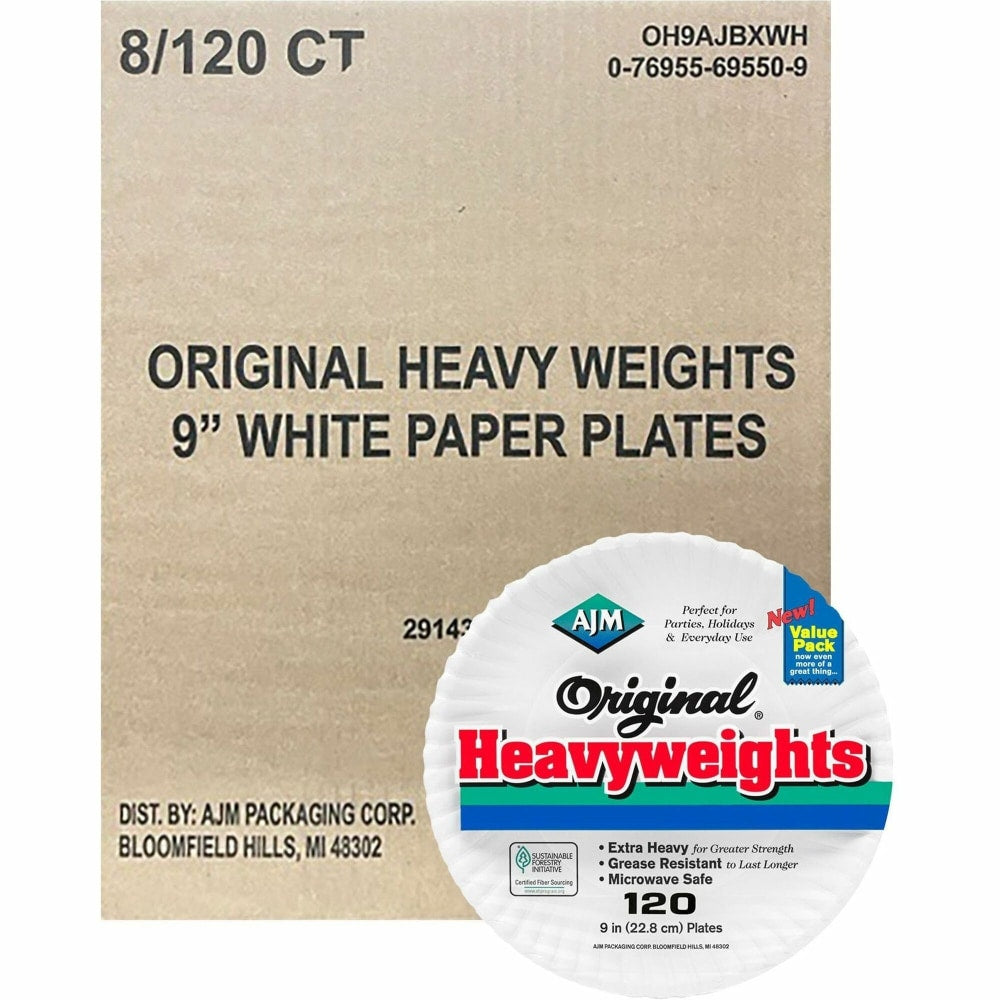AJM 9in Original Heavyweight Plates - 120 / Pack - Serving, Reheating - Disposable - Microwave Safe - 9in Diameter - White - Paper Body - 8 / Carton