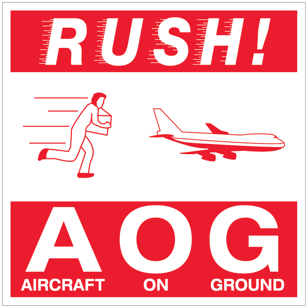 Tape Logic Preprinted Shipping Labels, DL1376, Rush AOG - Aircraft On Ground, Square, 4in x 4in, Red/White, Roll Of 500