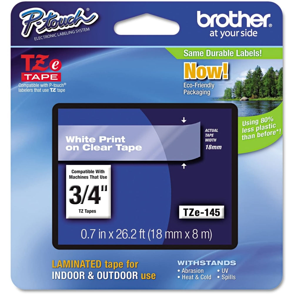 Brother TZe-145 White-On-Clear Tape, 0.75in x 26.2ft