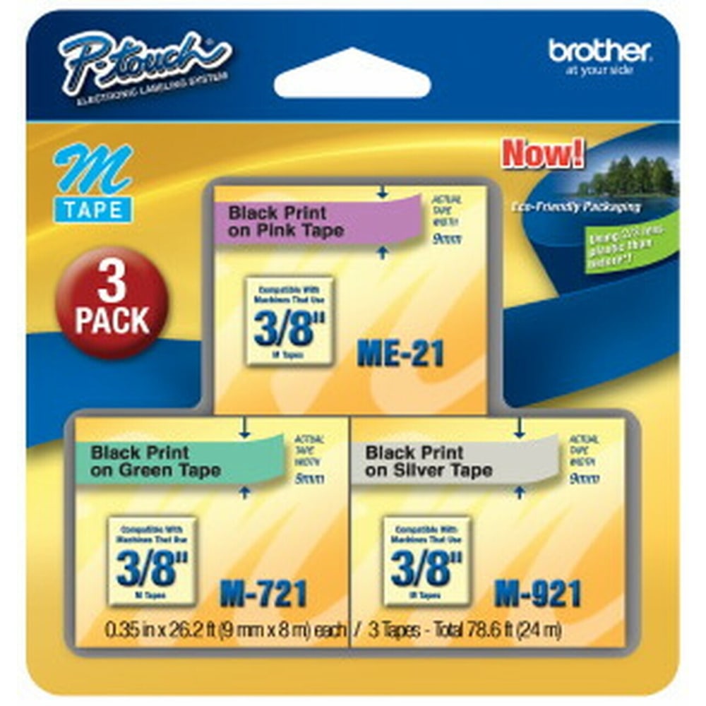 Brother ME-793 Black-On-Pink/-Green/-Silver Tapes, 0.38in x 26.2ft, Pack Of 3