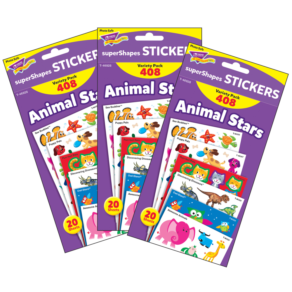 Trend superShapes Stickers, Animal Stars, 408 Stickers Per Pack, Set Of 3 Packs