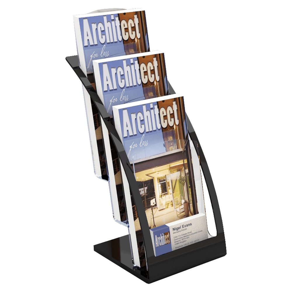 Deflecto Contemporary Literature Holder, 3 Leaflet Size Compartments, 13 5/16inH x 6 3/4inW x 6 15/16inD, Black/Clear