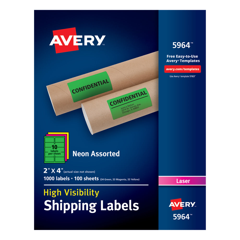 Avery High-Visibility Shipping Labels, AVE5964, 2in x 4in, Assorted Colors, Box Of 1000