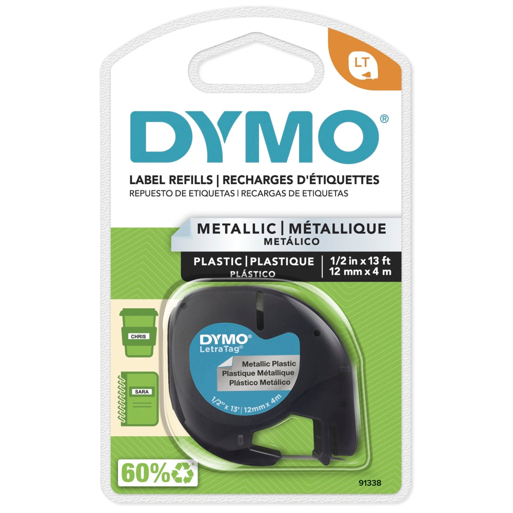 DYMO LT 91338 Black-On-Silver Tape, 0.5in x 13ft