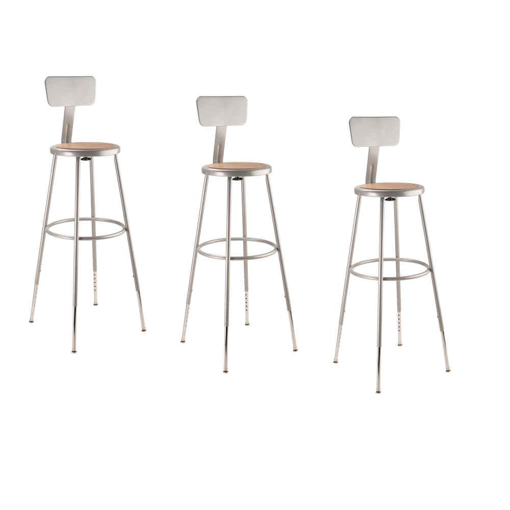 National Public Seating Adjustable Hardboard Stools With Backs, 32in-39inH, Gray, Set of 3