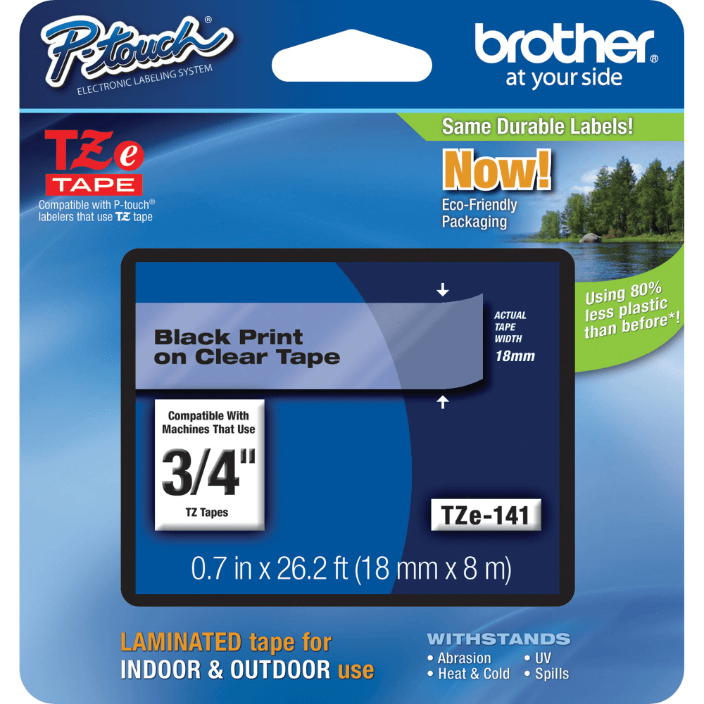 Brother TZe-141 Black-On-Clear Tape, 0.75in x 26.2ft