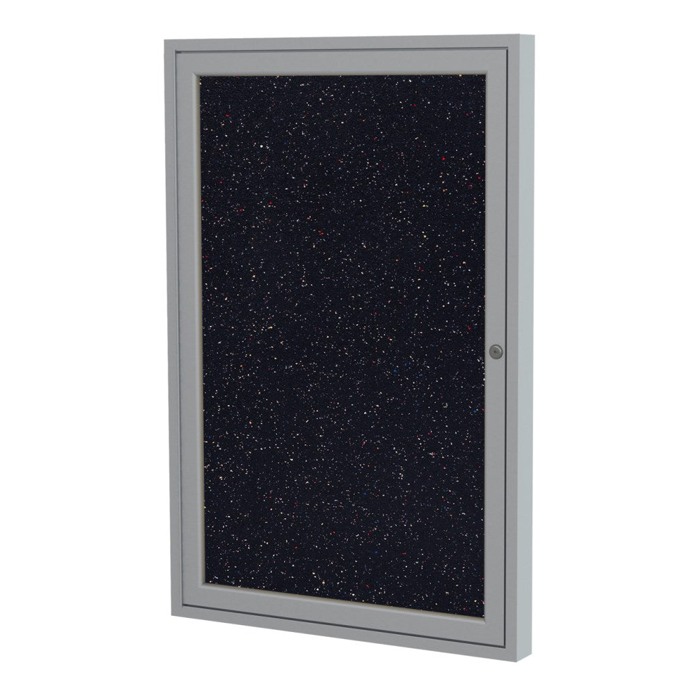 Ghent 1-Door Enclosed Rubber Bulletin Board, 24in x 18in, 90% Recycled, Confetti Satin Aluminum Frame