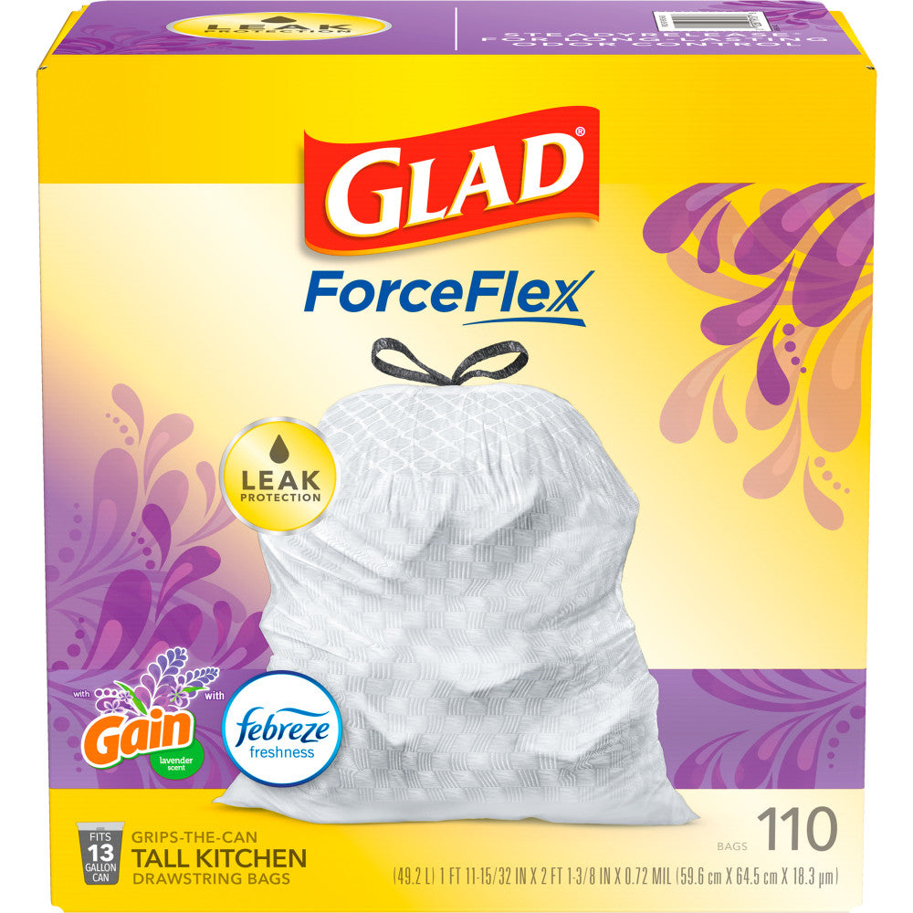 Glad ForceFlex Tall Kitchen Drawstring Trash Bags 13 Gallon White Trash Bag, Mediterranean Lavender scent with Febreze Freshness 110 Count