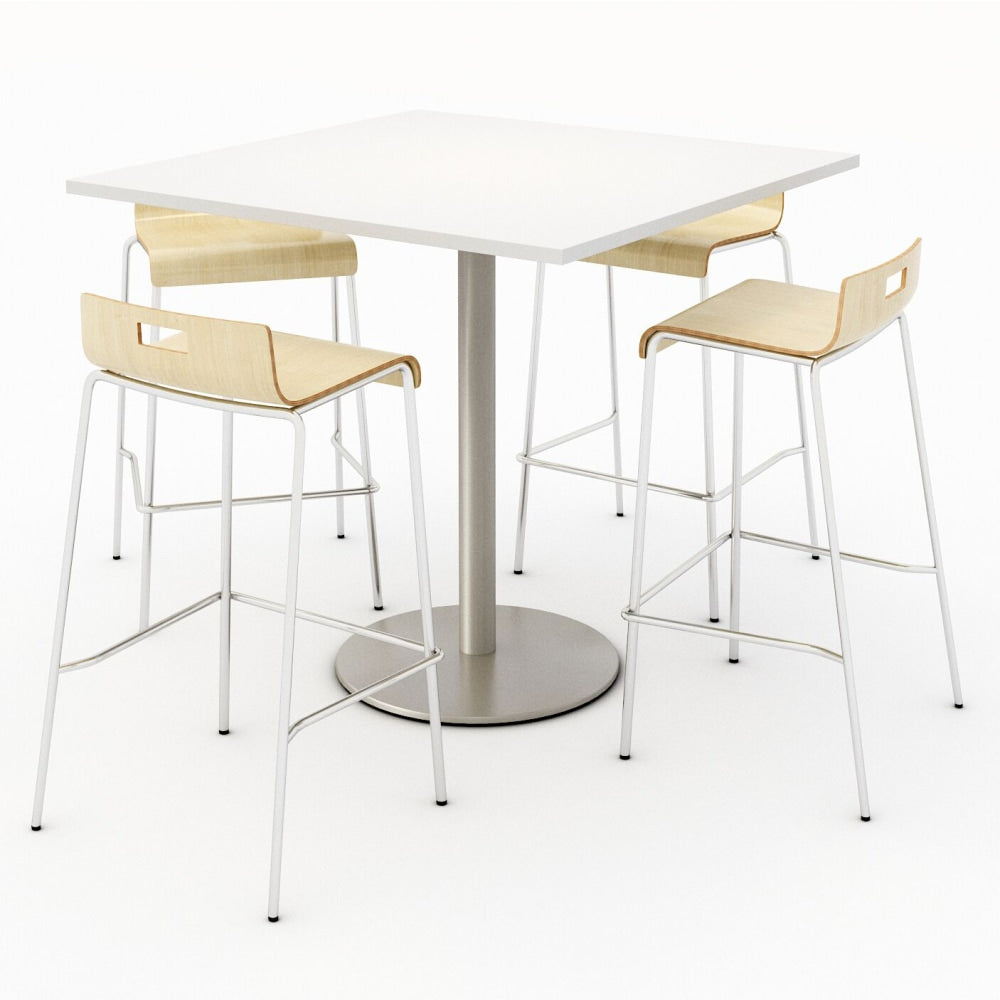 KFI Studios Square Bistro Pedestal Table With 4 Stacking Bar Stools, Designer White/Natural