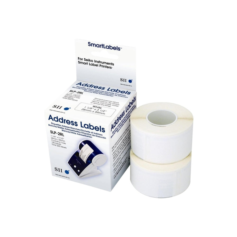 Seiko SmartLabel Address Labels, SKPSLP2RL, Rectangle, 1-1/8in x 3-1/2in, White, 130 Labels Per Roll, Box Of 2 Rolls