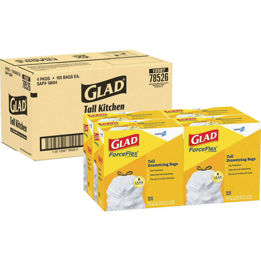 Glad CloroxPro ForceFlex Plastic Tall Kitchen Drawstring Trash Bags, 13 Gallons, 11-15/32in x 25-3/8in, White, 100 Bags Per Box, Carton Of 4 Boxes