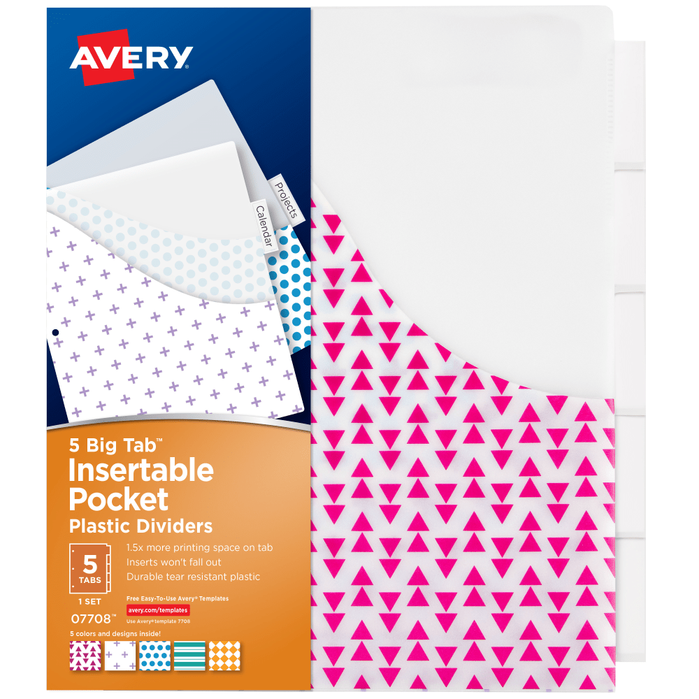 Avery Big Tab Insertable Plastic Dividers With Pockets, 9 1/4in x 11 1/8in, 5-Tab, Multicolor, 1 Set