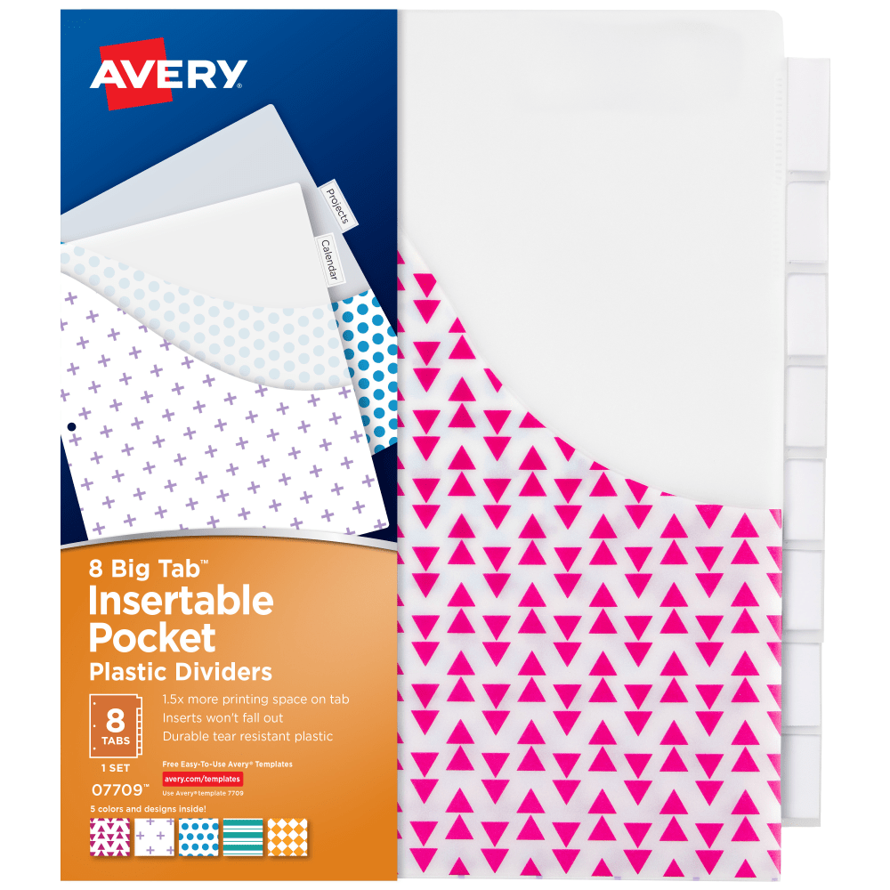 Avery Dividers for 3 Ring Binders, 8-Tab Binder Dividers, Plastic Binder Dividers with Pockets, Insertable Big Tab, Vibrant Geometric Patterns, 1 Set (07709)