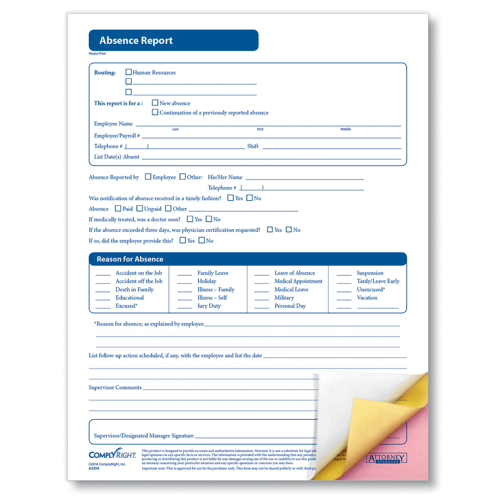 ComplyRight Absence Reports, 3-Part, 8 1/2in x 11in, Pack Of 50