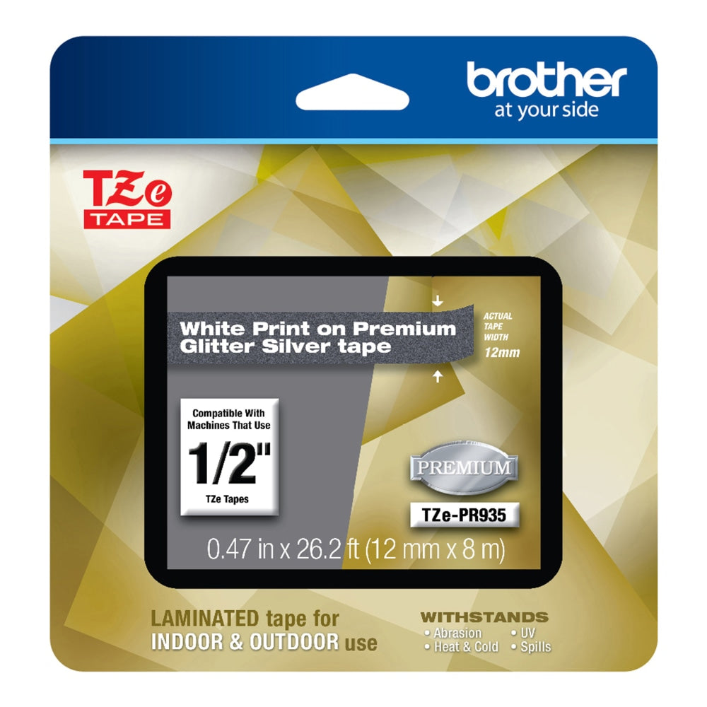 Brother TZe Premium Glitter Laminated Tape, 1/2in x 26-3/16ft, White Ink/Silver Tape