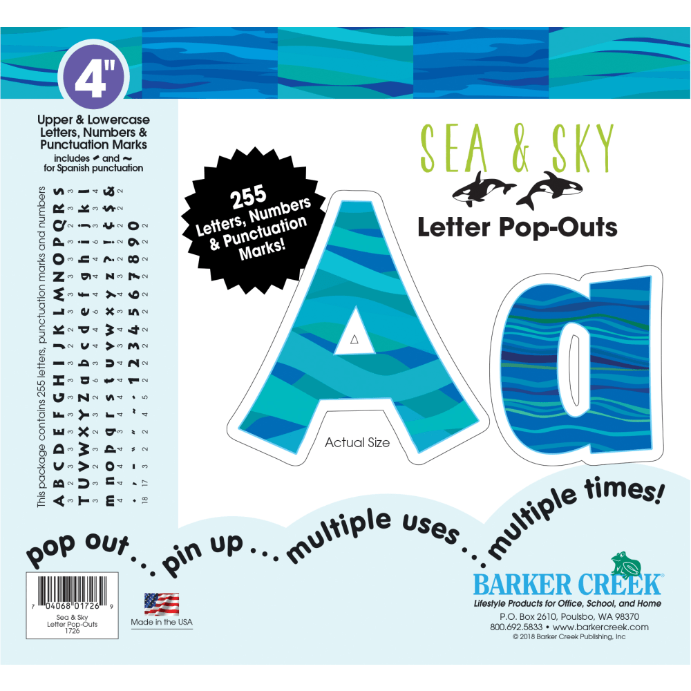 Barker Creek Letter Pop-Outs, 4in, Sea & Sky, Pack Of 255 Pop-Outs