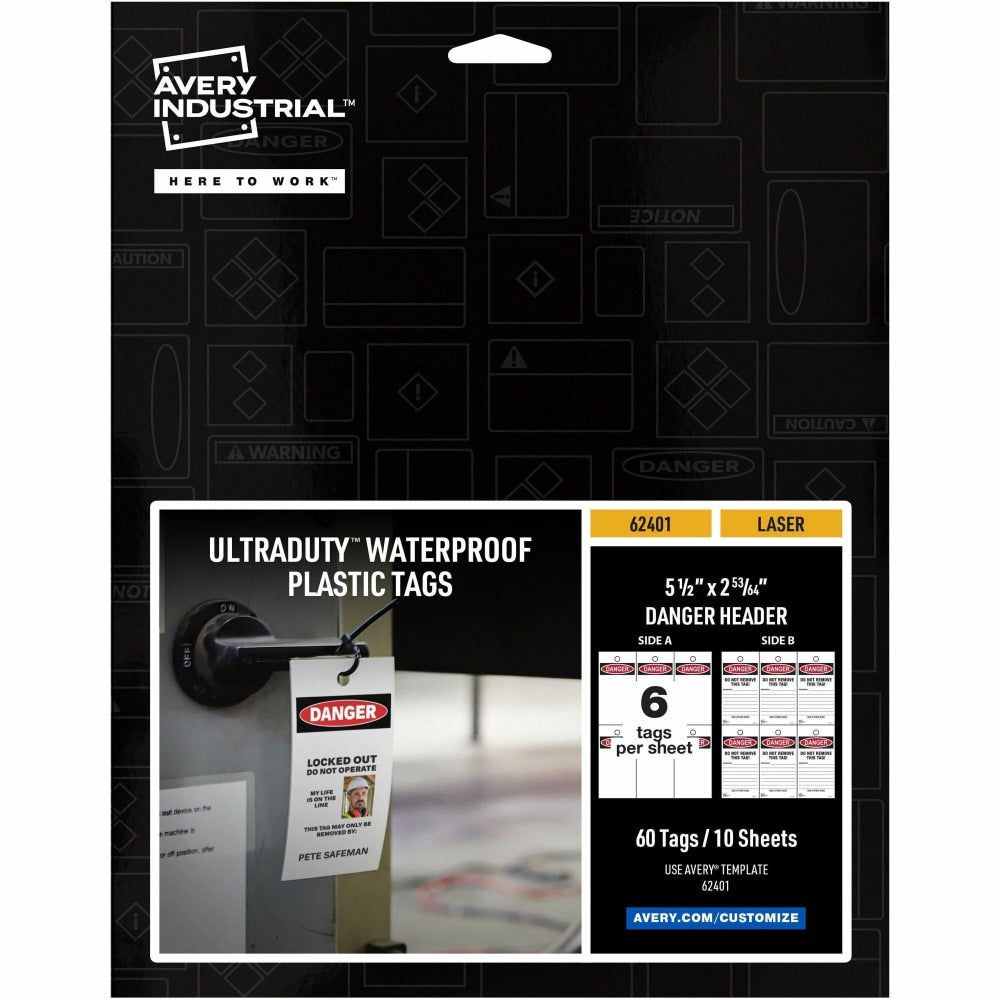 Avery UltraDuty Plastic Tags, 5.5in x 2.83in , Danger Header (62401) - 2.92in Length x 5.50in Width - 60 - Plastic, Polyester - Matte White