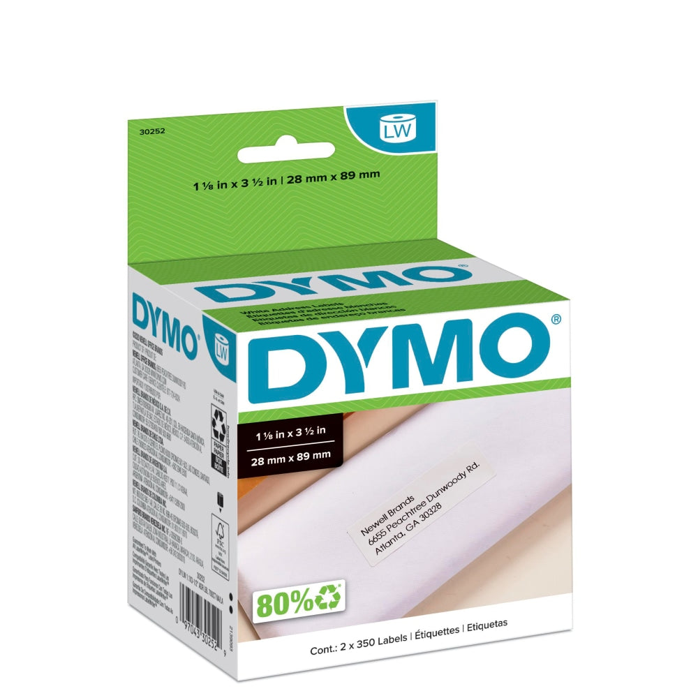 DYMO LW Address Label Rolls, 30252, Rectangular, 1 1/8in x 3 1/2in, White, 350 Labels Per Roll, Box Of 2 Rolls