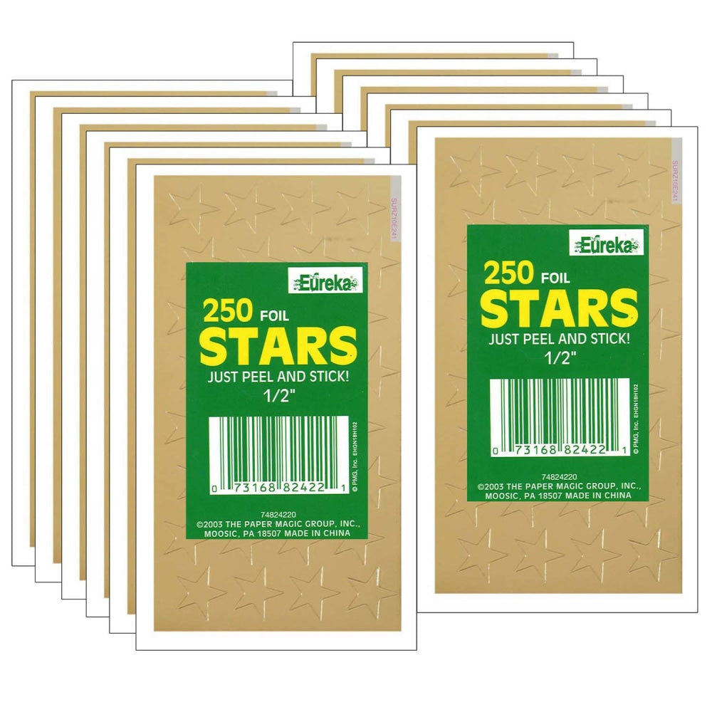 Eureka Presto-Stick Foil Star Stickers, 1/2in, Gold, 250 Stickers Per Pack, Set Of 12 Packs