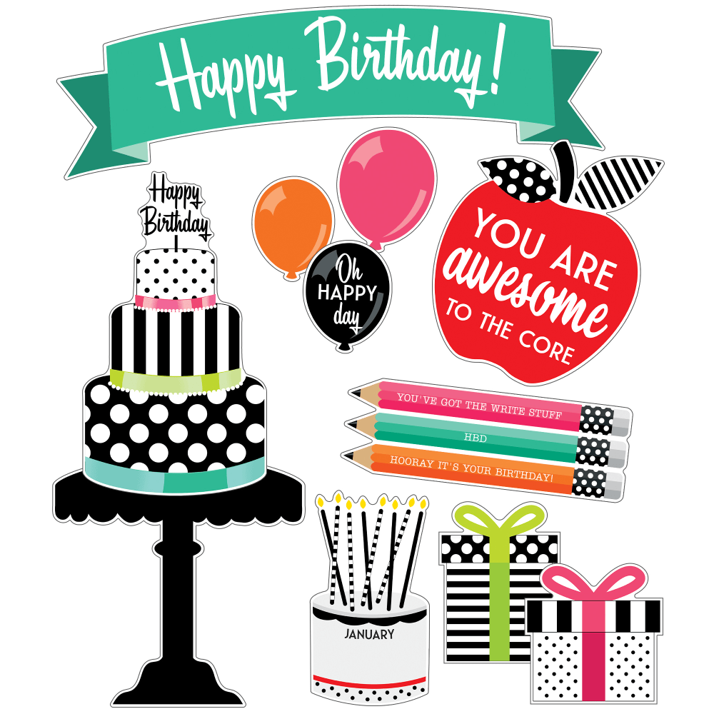 Schoolgirl Style Black, White & Stylish Brights Birthday Bulletin Board Set, Set Of 30 Pieces