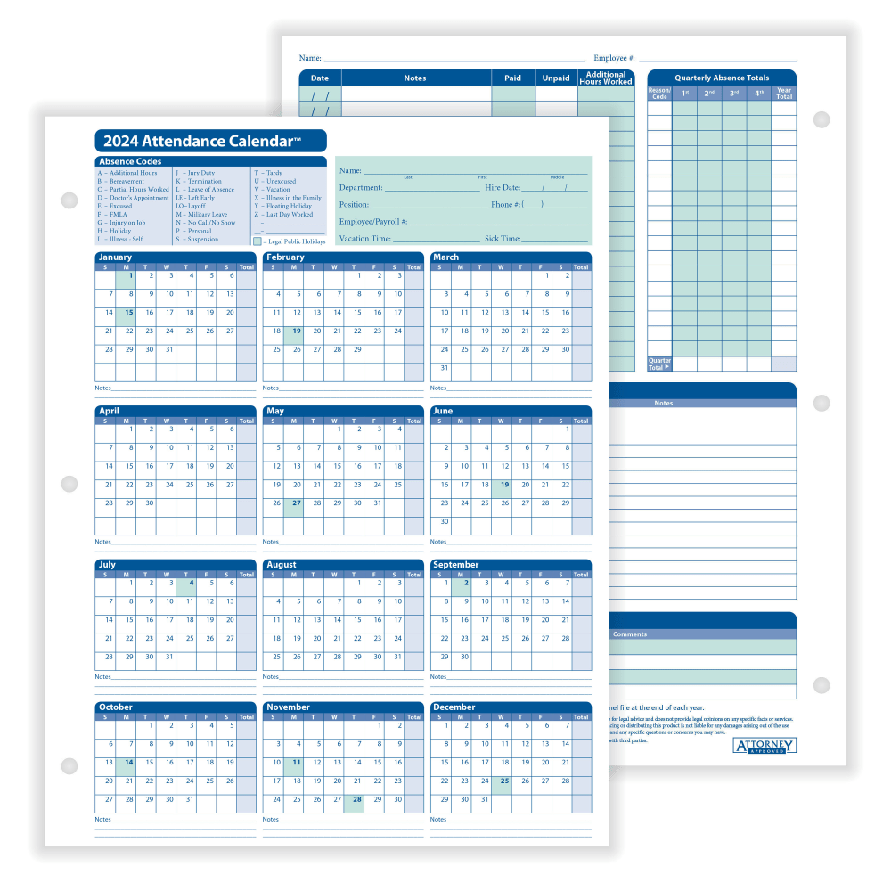 ComplyRight 2024 Attendance Calendar Cards, 8 1/2in x 11in, White, Pack Of 50