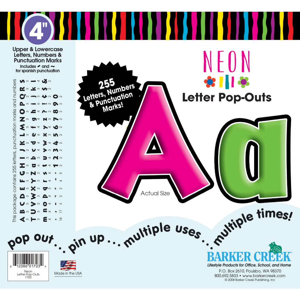 Barker Creek Letter Pop-Outs, 4in, Neon, Set Of 255